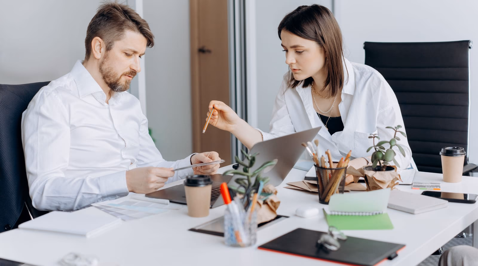 Dos profesionales comparando opciones de software