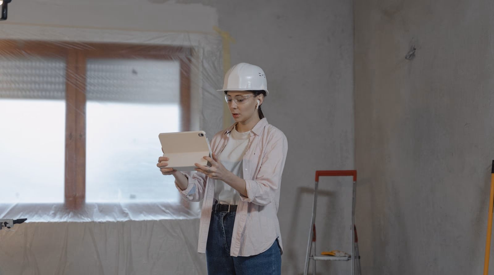 Planos de obra y una tablet en el obrador